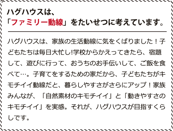 ハグハウスは、「ファミリー動線」をたいせつに考えています。